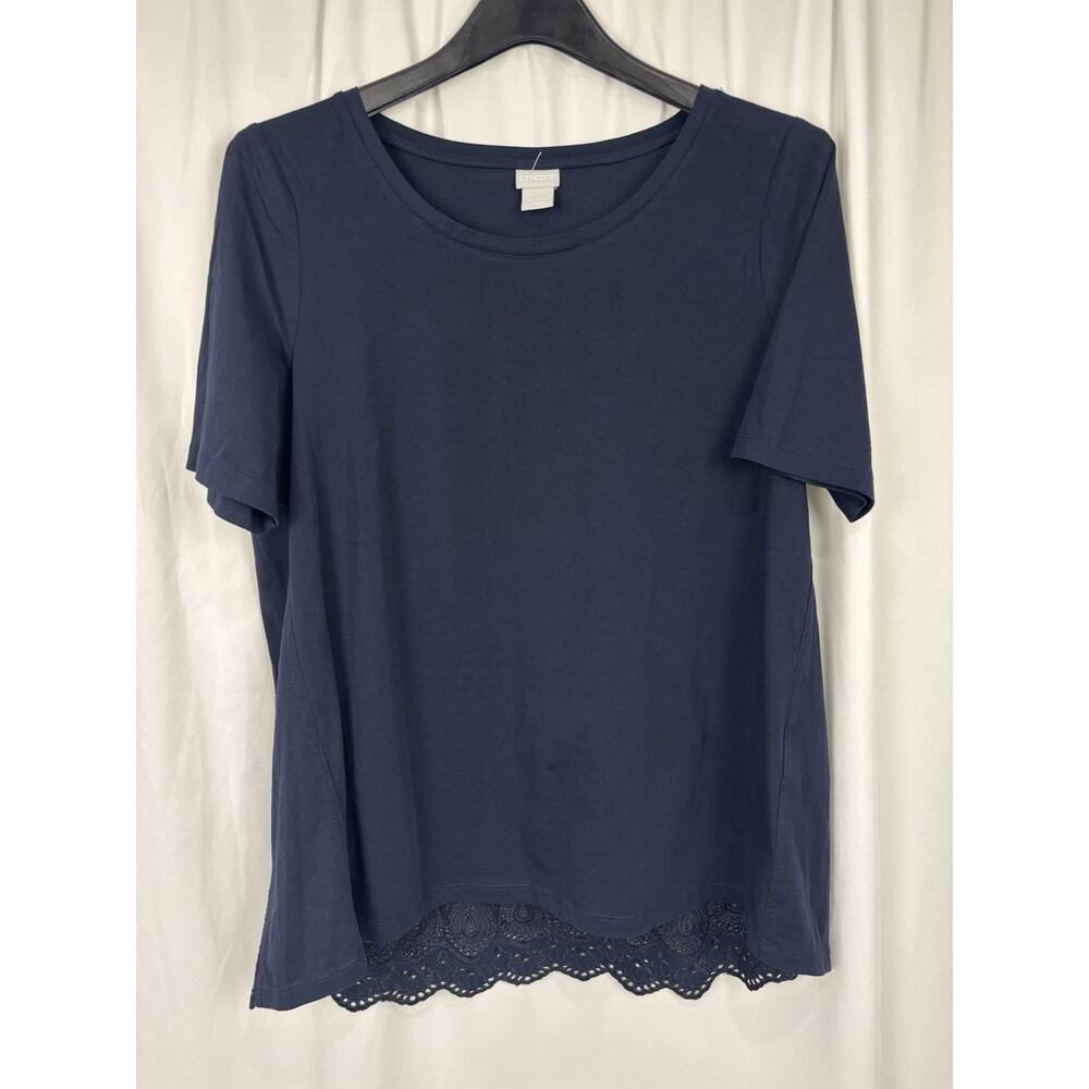 Chico's Embroidery Eyelet Lace Back Navy Short Sleeve Tunic Top Cotton Size 1/ M